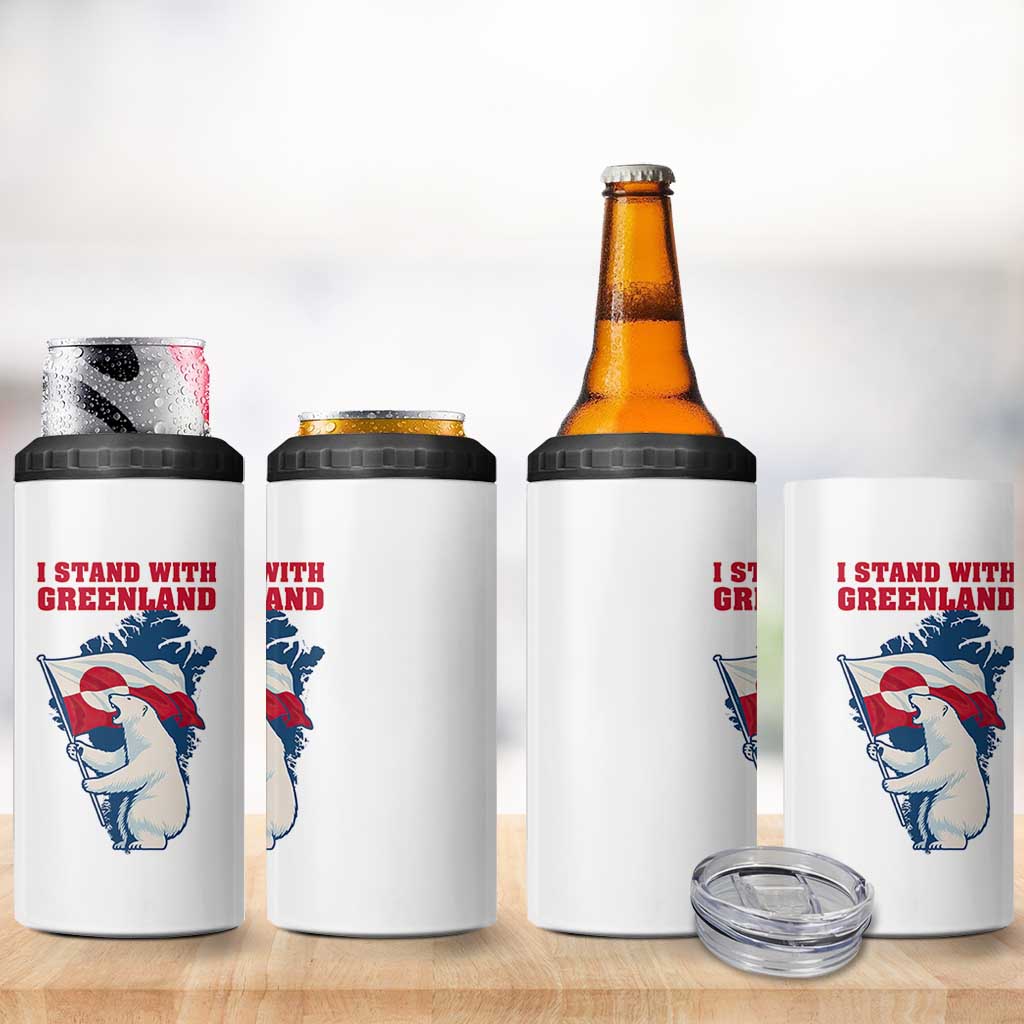I Stand With Greenland Patriotic 4 in 1 Can Cooler Tumbler Polar Bear Holding Flag Over Map