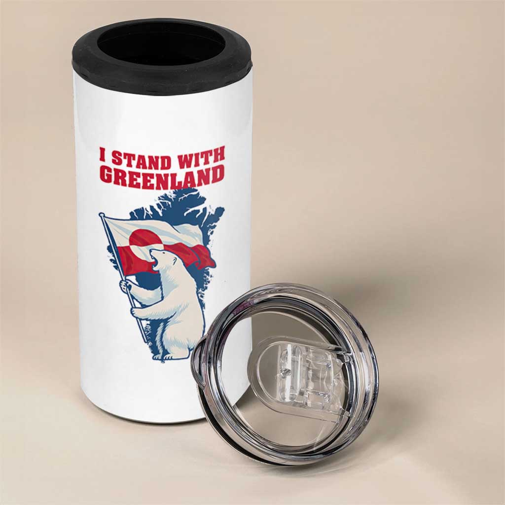 I Stand With Greenland Patriotic 4 in 1 Can Cooler Tumbler Polar Bear Holding Flag Over Map