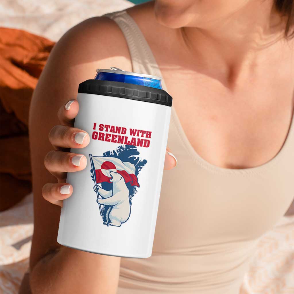 I Stand With Greenland Patriotic 4 in 1 Can Cooler Tumbler Polar Bear Holding Flag Over Map