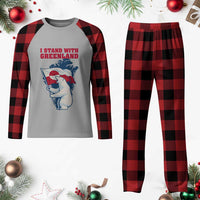 I Stand With Greenland Patriotic Plaid Pajama Set Polar Bear Holding Flag Over Map