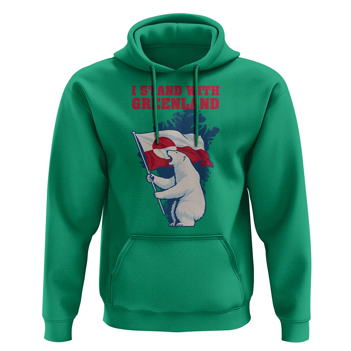 I Stand With Greenland Patriotic Hoodie Polar Bear Holding Flag Over Map