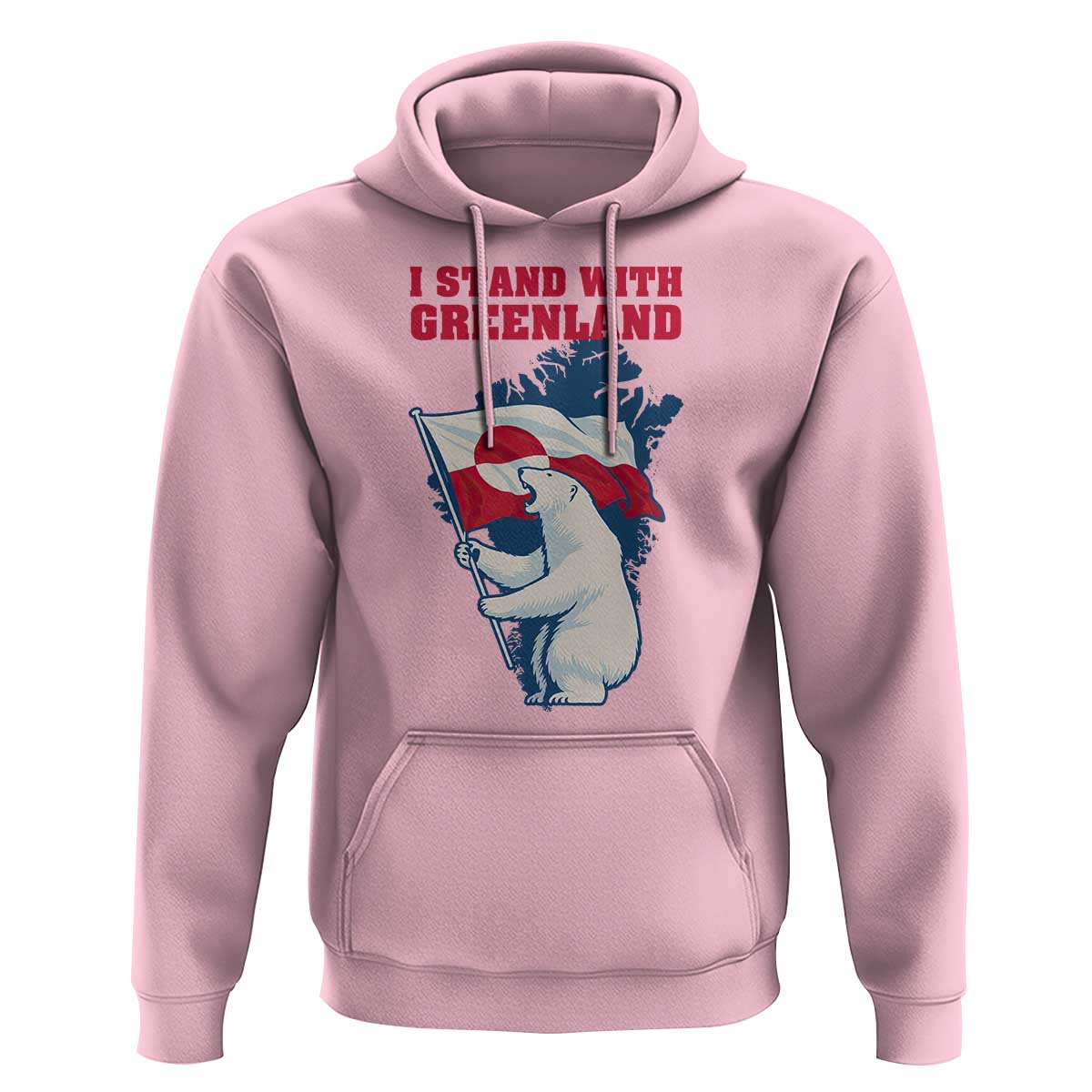I Stand With Greenland Patriotic Hoodie Polar Bear Holding Flag Over Map