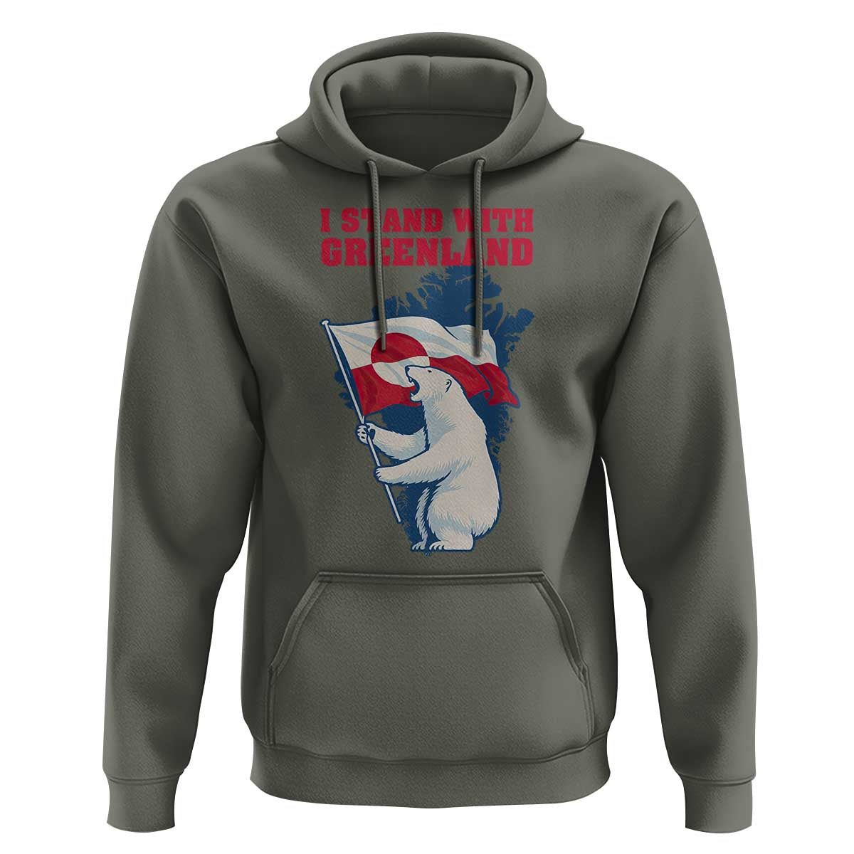 I Stand With Greenland Patriotic Hoodie Polar Bear Holding Flag Over Map