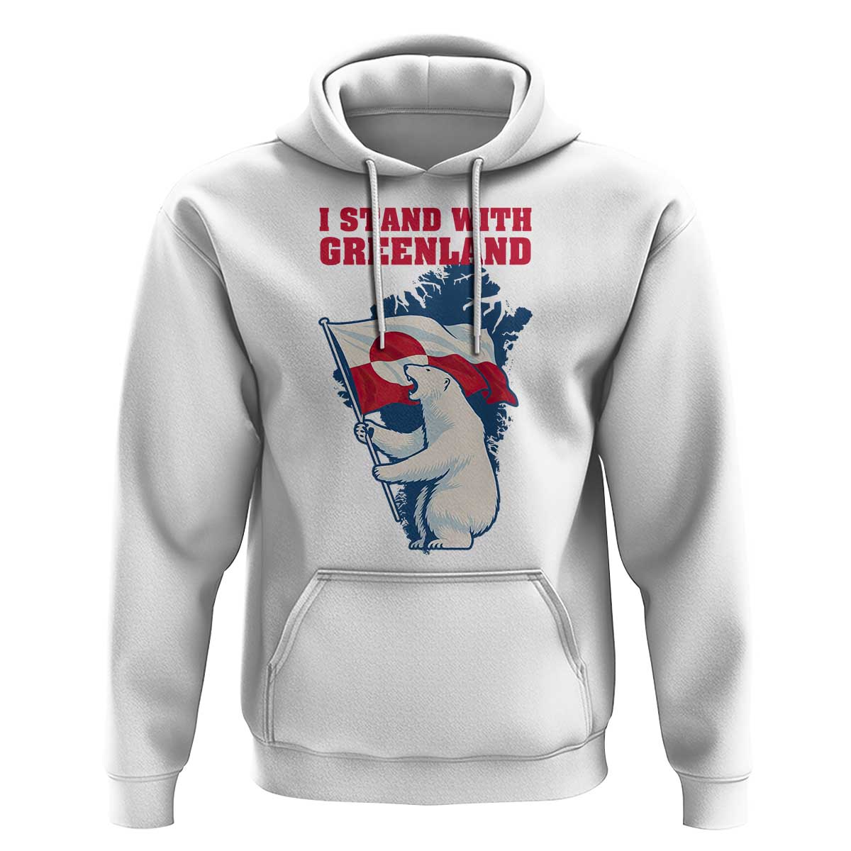 I Stand With Greenland Patriotic Hoodie Polar Bear Holding Flag Over Map