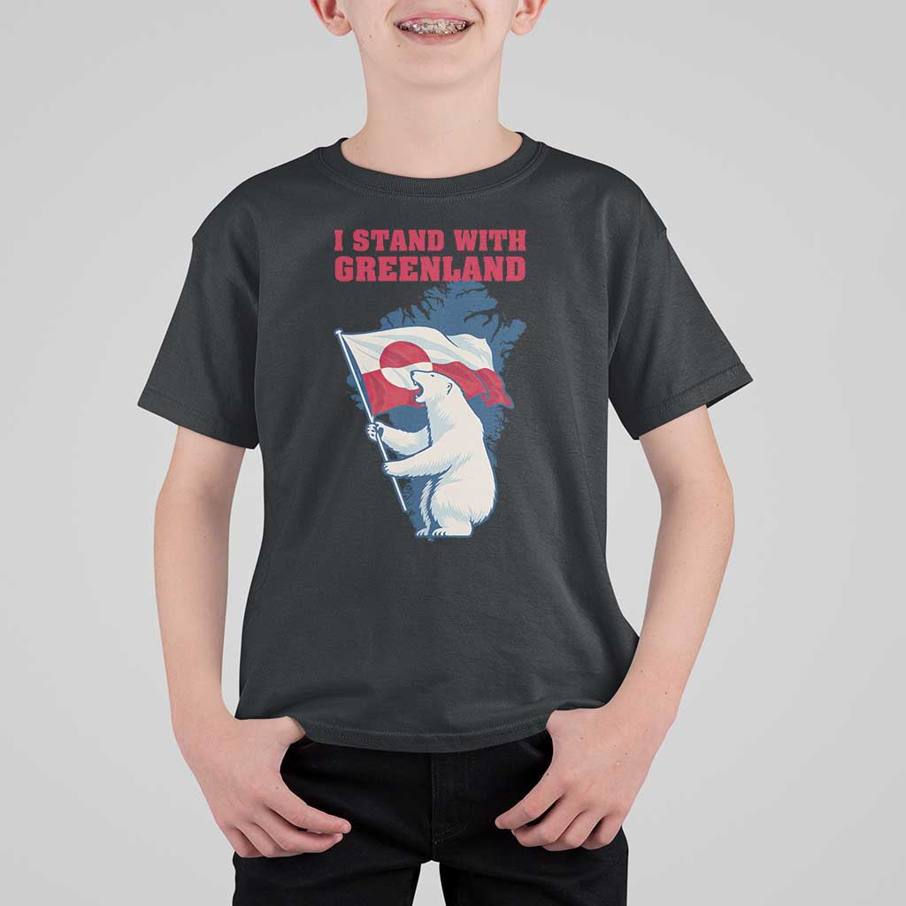 I Stand With Greenland Patriotic T Shirt For Kid Polar Bear Holding Flag Over Map