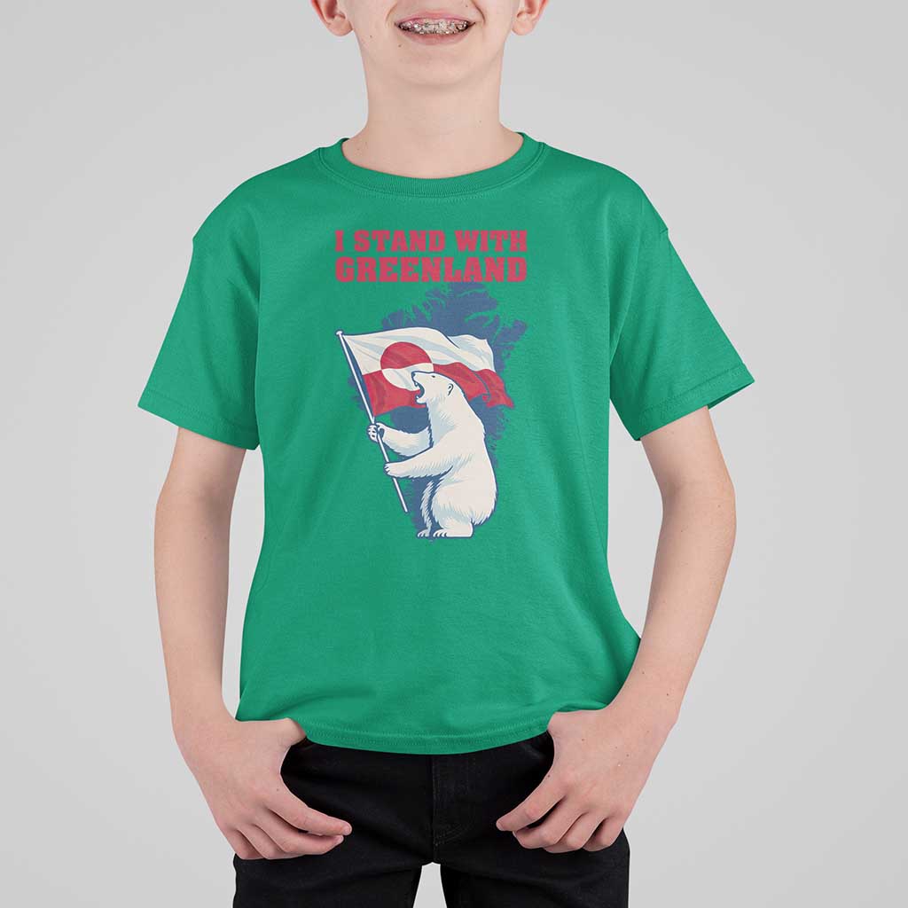 I Stand With Greenland Patriotic T Shirt For Kid Polar Bear Holding Flag Over Map