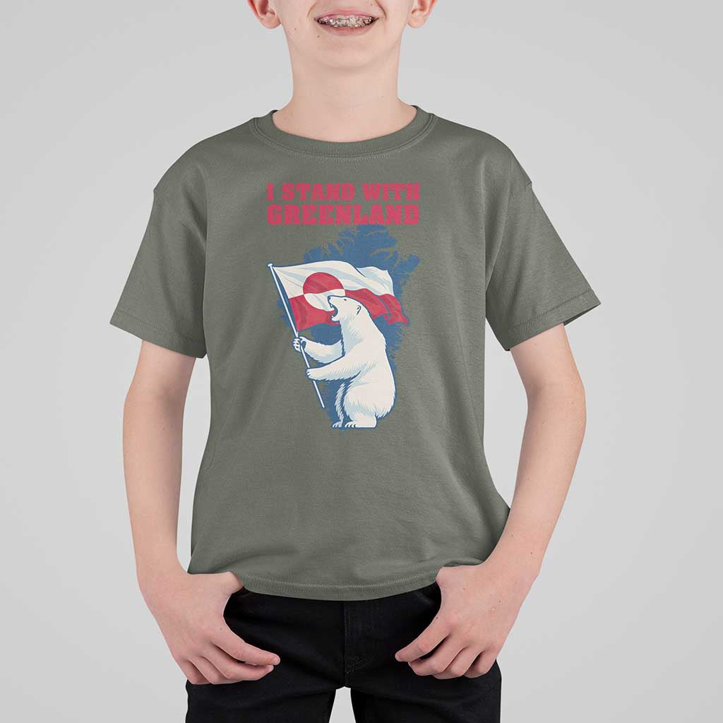I Stand With Greenland Patriotic T Shirt For Kid Polar Bear Holding Flag Over Map