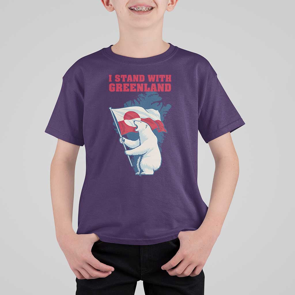 I Stand With Greenland Patriotic T Shirt For Kid Polar Bear Holding Flag Over Map