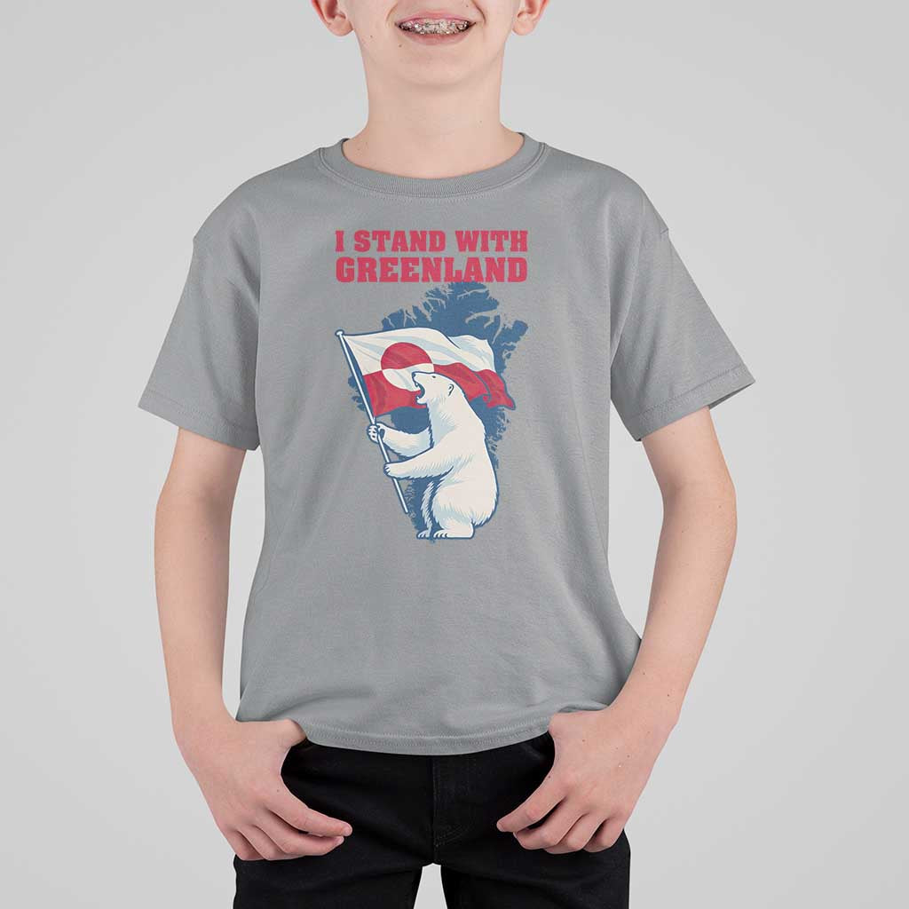 I Stand With Greenland Patriotic T Shirt For Kid Polar Bear Holding Flag Over Map