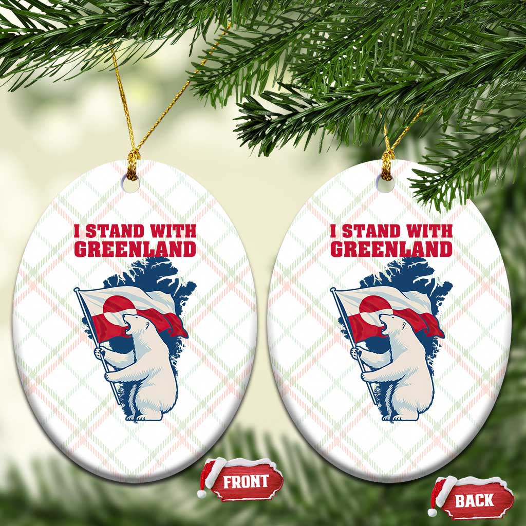 I Stand With Greenland Patriotic Ceramic Ornament Polar Bear Holding Flag Over Map