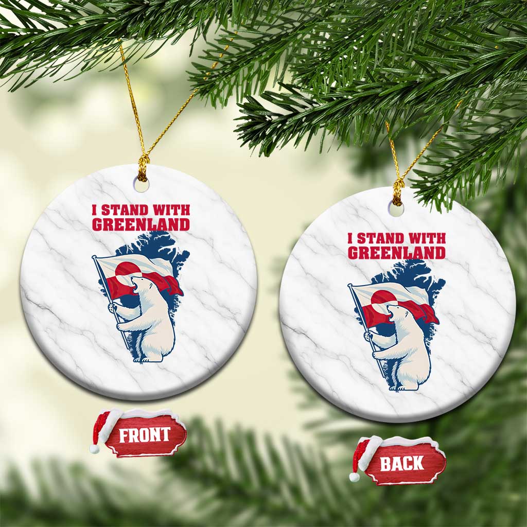 I Stand With Greenland Patriotic Ceramic Ornament Polar Bear Holding Flag Over Map
