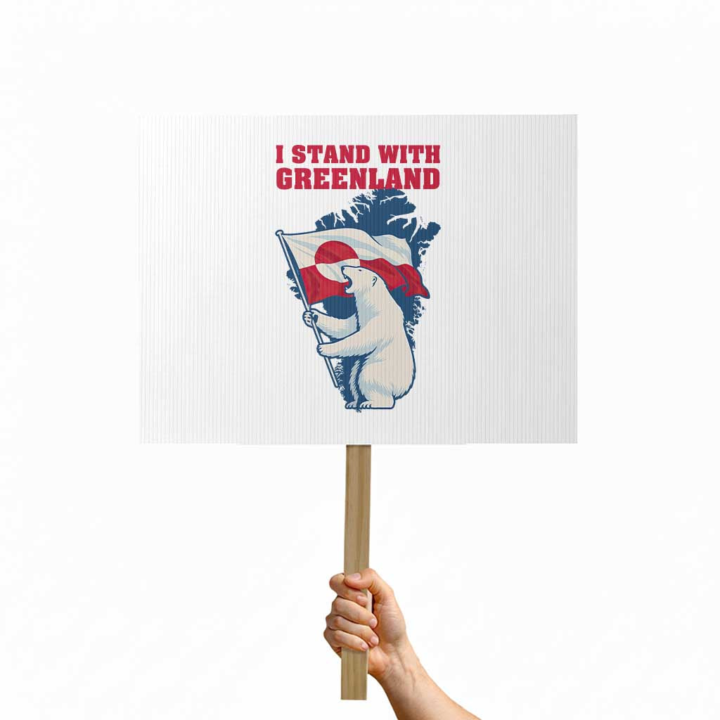 I Stand With Greenland Patriotic Protest Sign Polar Bear Holding Flag Over Map