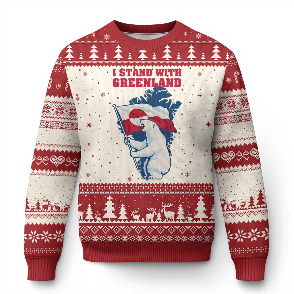 I Stand With Greenland Patriotic Ugly Christmas Sweater Polar Bear Holding Flag Over Map