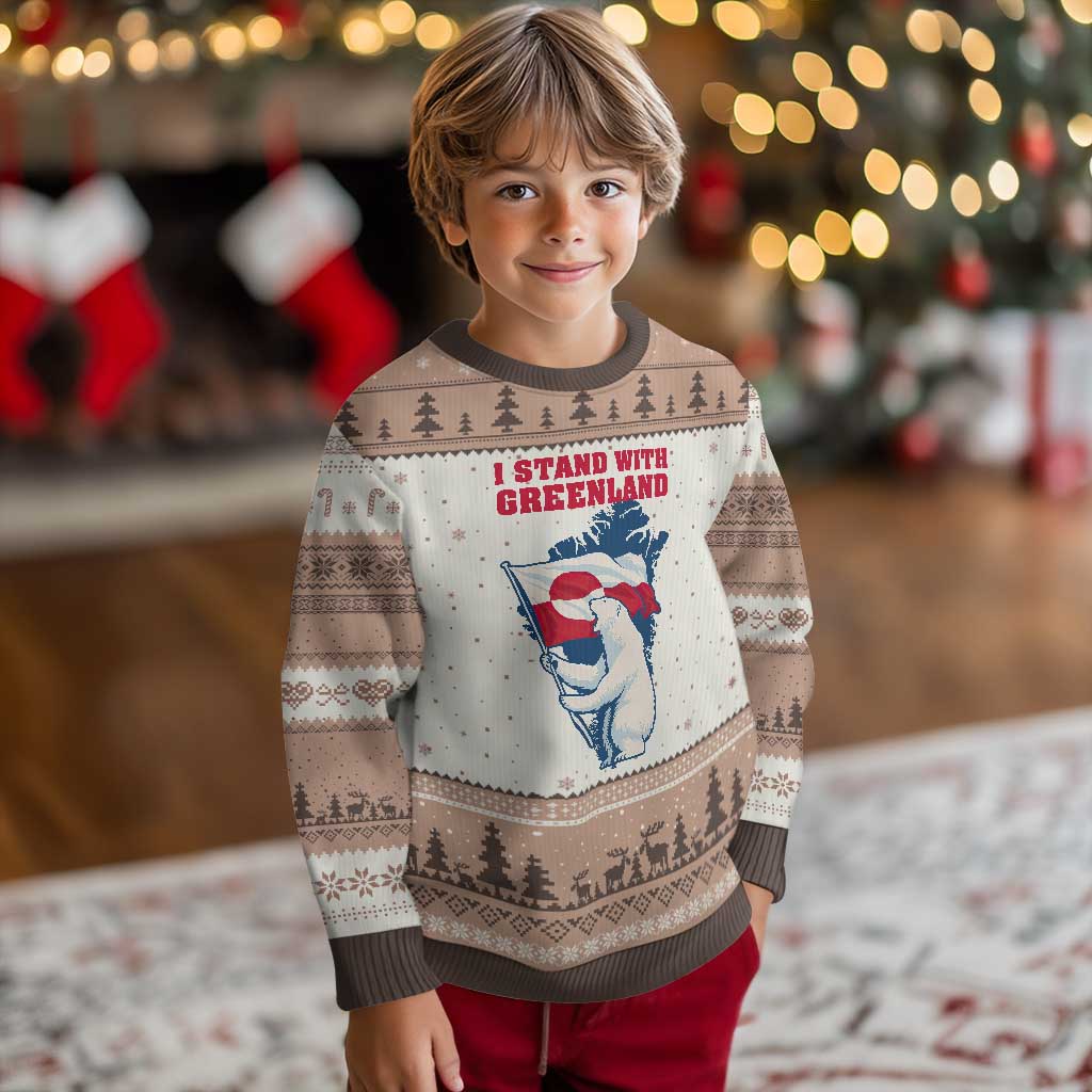 I Stand With Greenland Patriotic Ugly Christmas Sweater Polar Bear Holding Flag Over Map