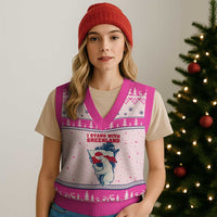 I Stand With Greenland Patriotic V-Neck Knit Sweater Vest Polar Bear Holding Flag Over Map