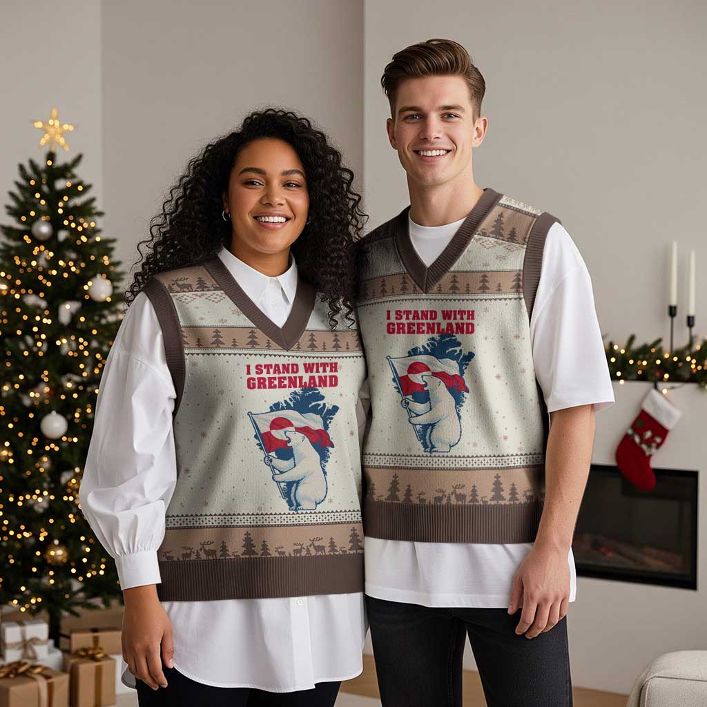 I Stand With Greenland Patriotic V-Neck Knit Sweater Vest Polar Bear Holding Flag Over Map