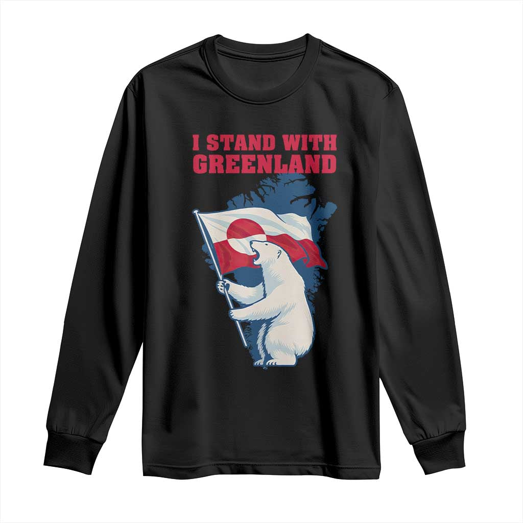 I Stand With Greenland Patriotic Long Sleeve Shirt Polar Bear Holding Flag Over Map