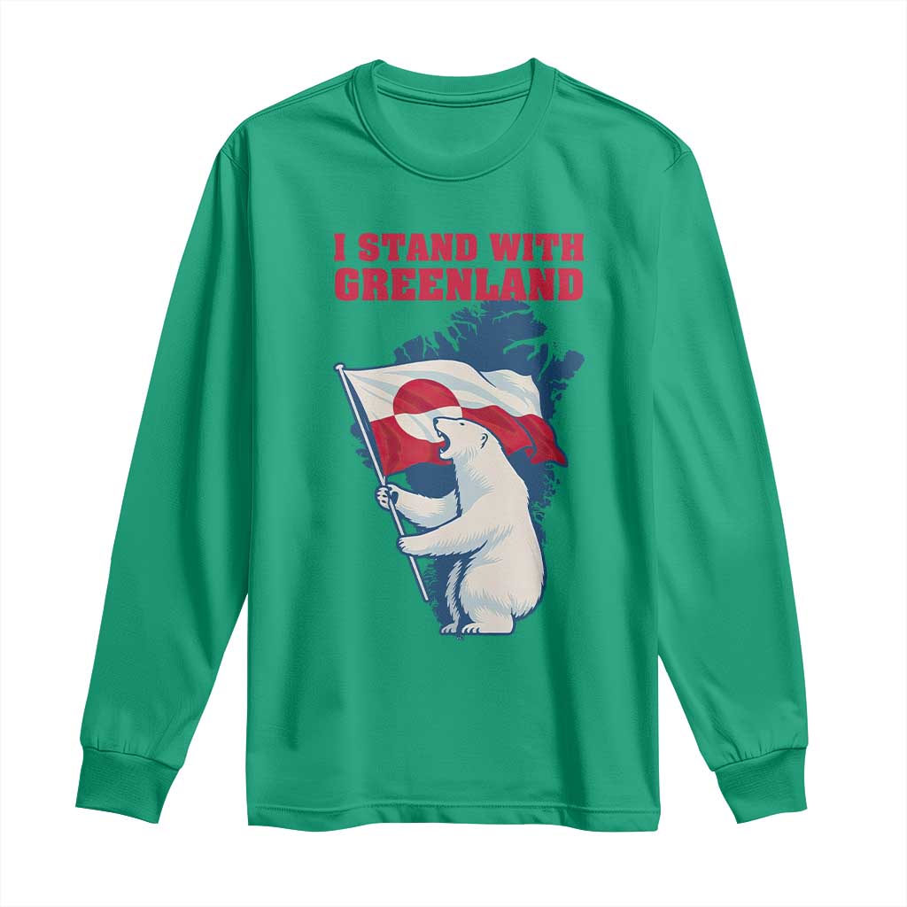 I Stand With Greenland Patriotic Long Sleeve Shirt Polar Bear Holding Flag Over Map