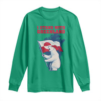 I Stand With Greenland Patriotic Long Sleeve Shirt Polar Bear Holding Flag Over Map
