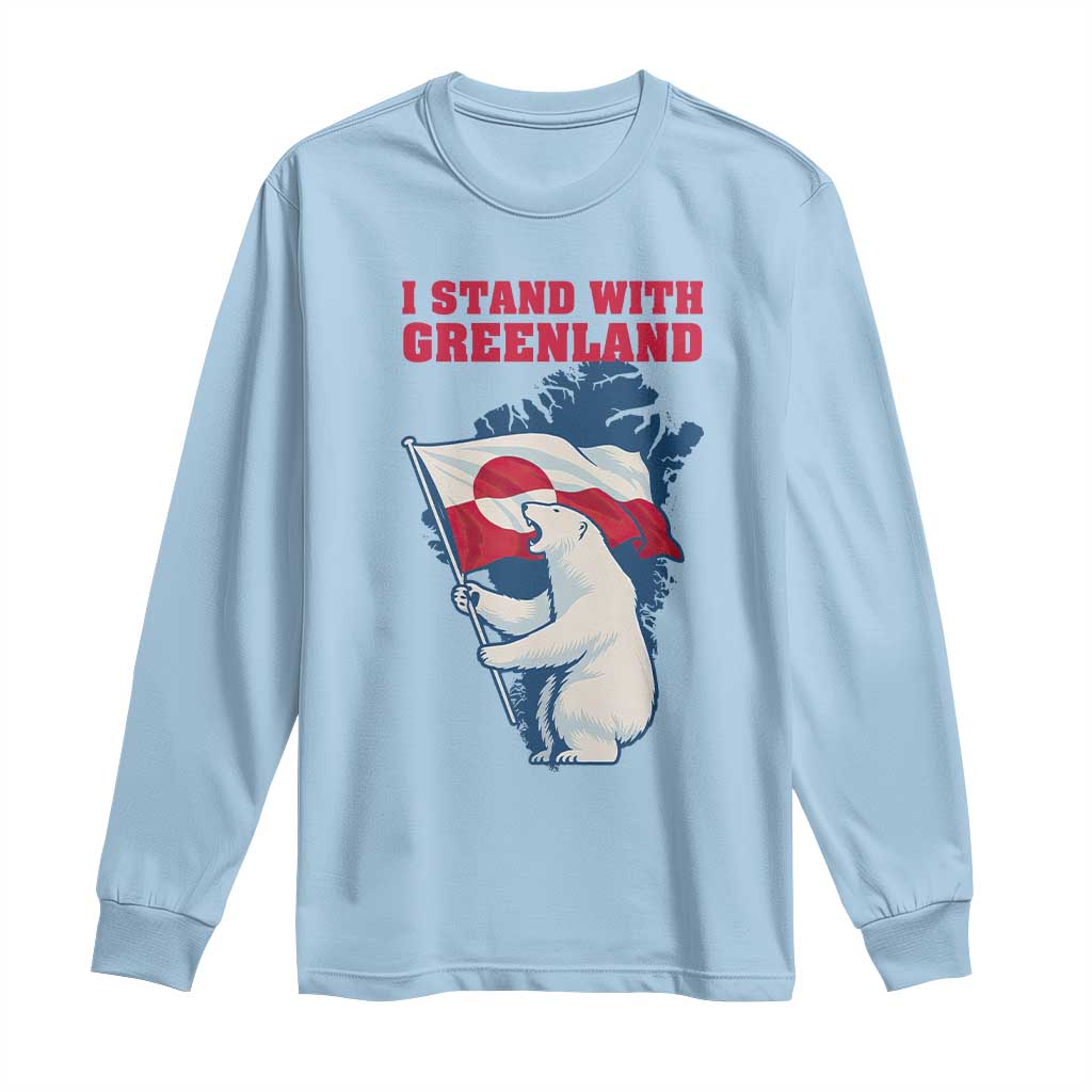 I Stand With Greenland Patriotic Long Sleeve Shirt Polar Bear Holding Flag Over Map