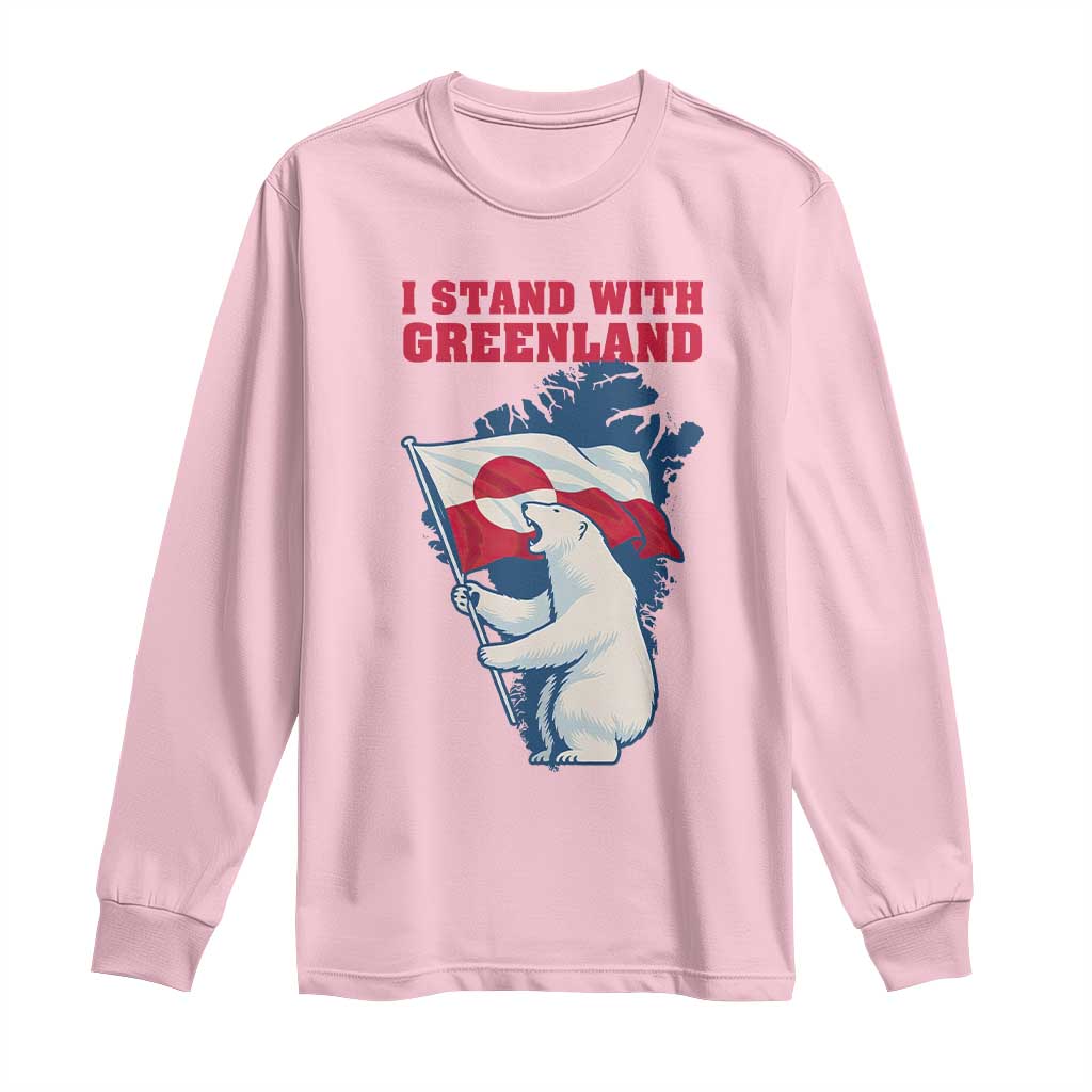 I Stand With Greenland Patriotic Long Sleeve Shirt Polar Bear Holding Flag Over Map
