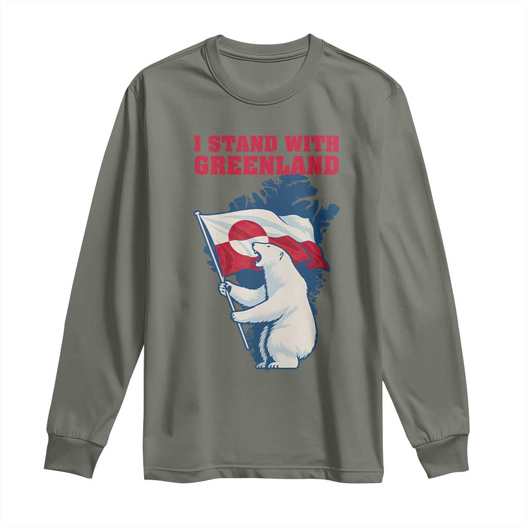 I Stand With Greenland Patriotic Long Sleeve Shirt Polar Bear Holding Flag Over Map