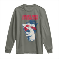 I Stand With Greenland Patriotic Long Sleeve Shirt Polar Bear Holding Flag Over Map