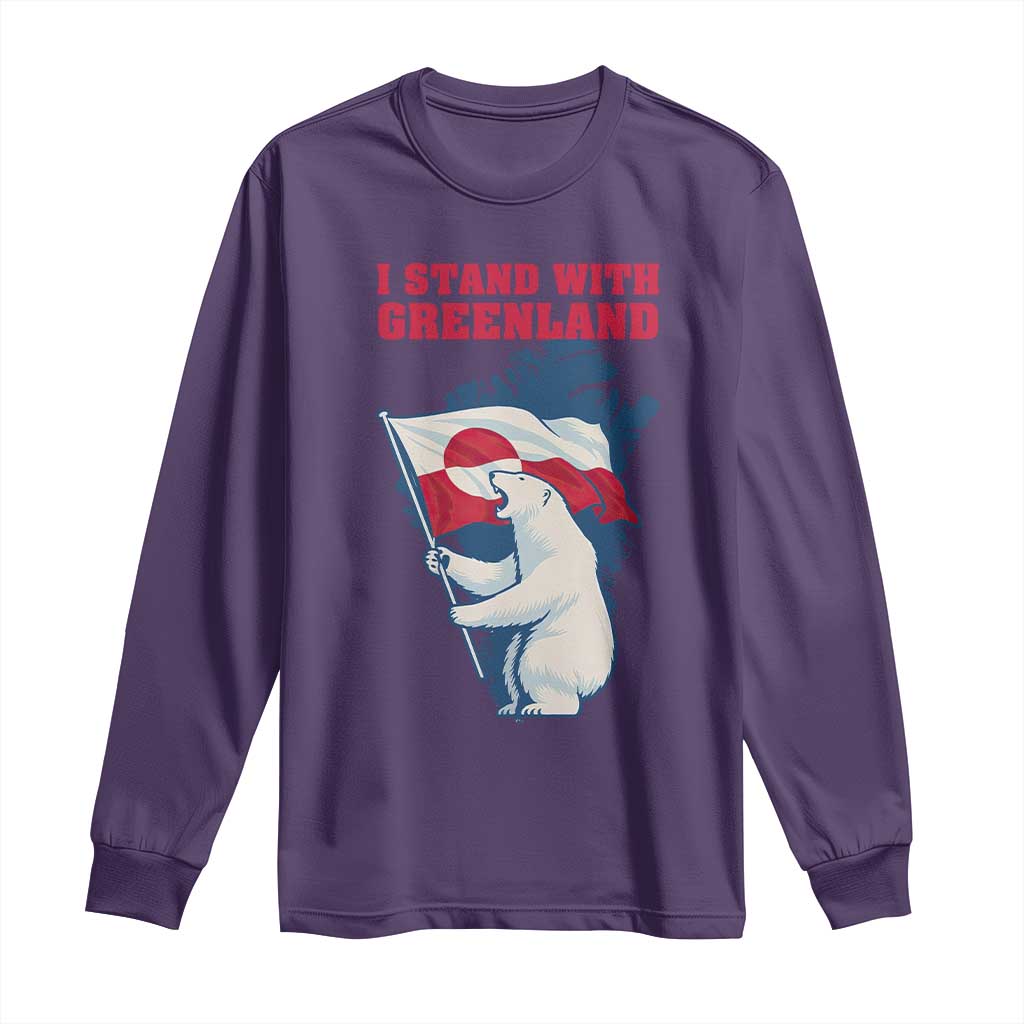 I Stand With Greenland Patriotic Long Sleeve Shirt Polar Bear Holding Flag Over Map