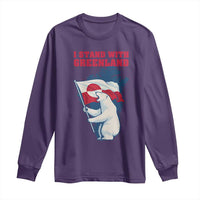 I Stand With Greenland Patriotic Long Sleeve Shirt Polar Bear Holding Flag Over Map
