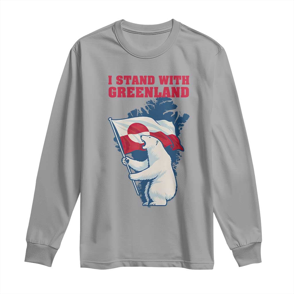 I Stand With Greenland Patriotic Long Sleeve Shirt Polar Bear Holding Flag Over Map