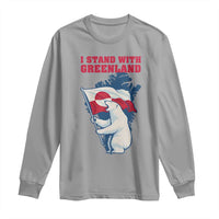 I Stand With Greenland Patriotic Long Sleeve Shirt Polar Bear Holding Flag Over Map
