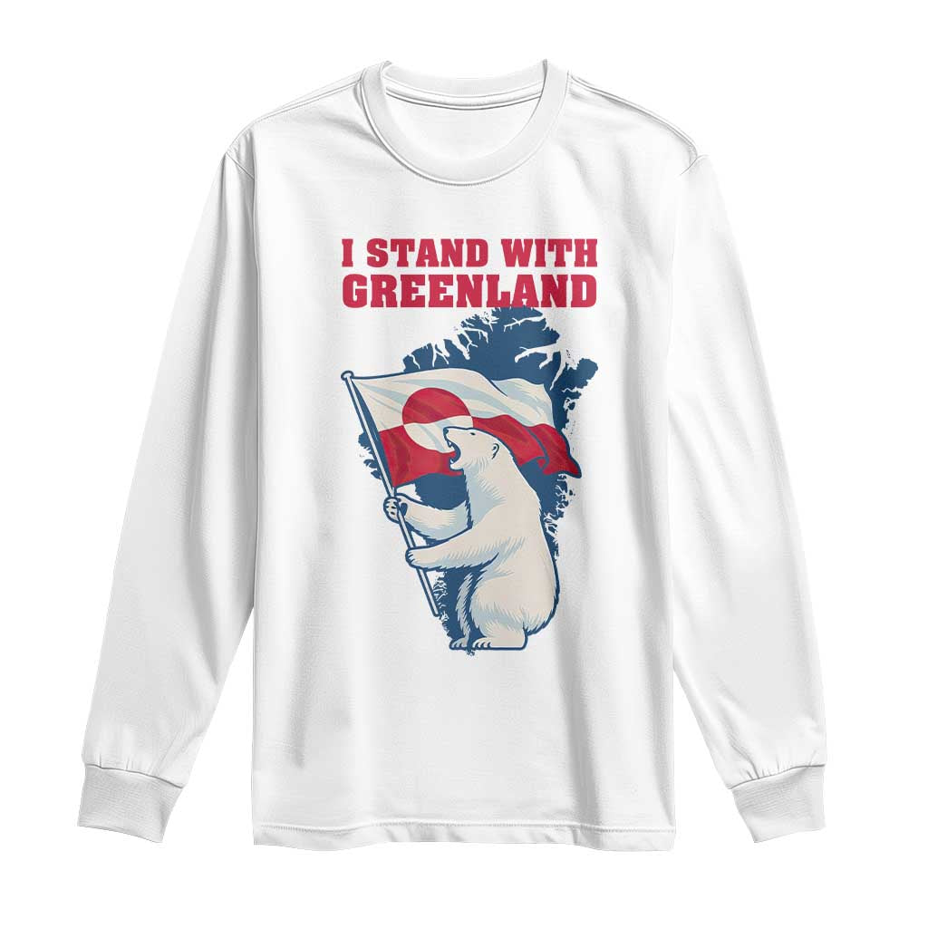I Stand With Greenland Patriotic Long Sleeve Shirt Polar Bear Holding Flag Over Map