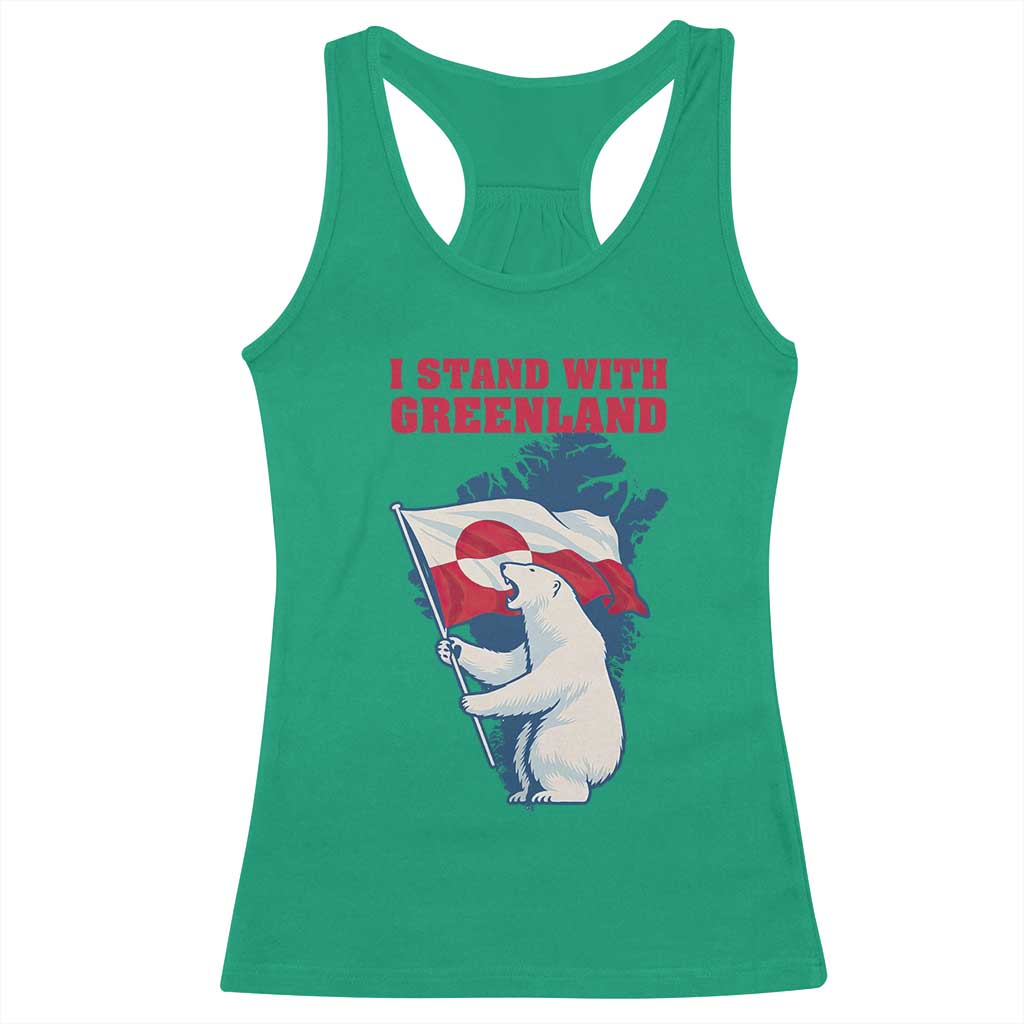 I Stand With Greenland Patriotic Racerback Tank Top Polar Bear Holding Flag Over Map