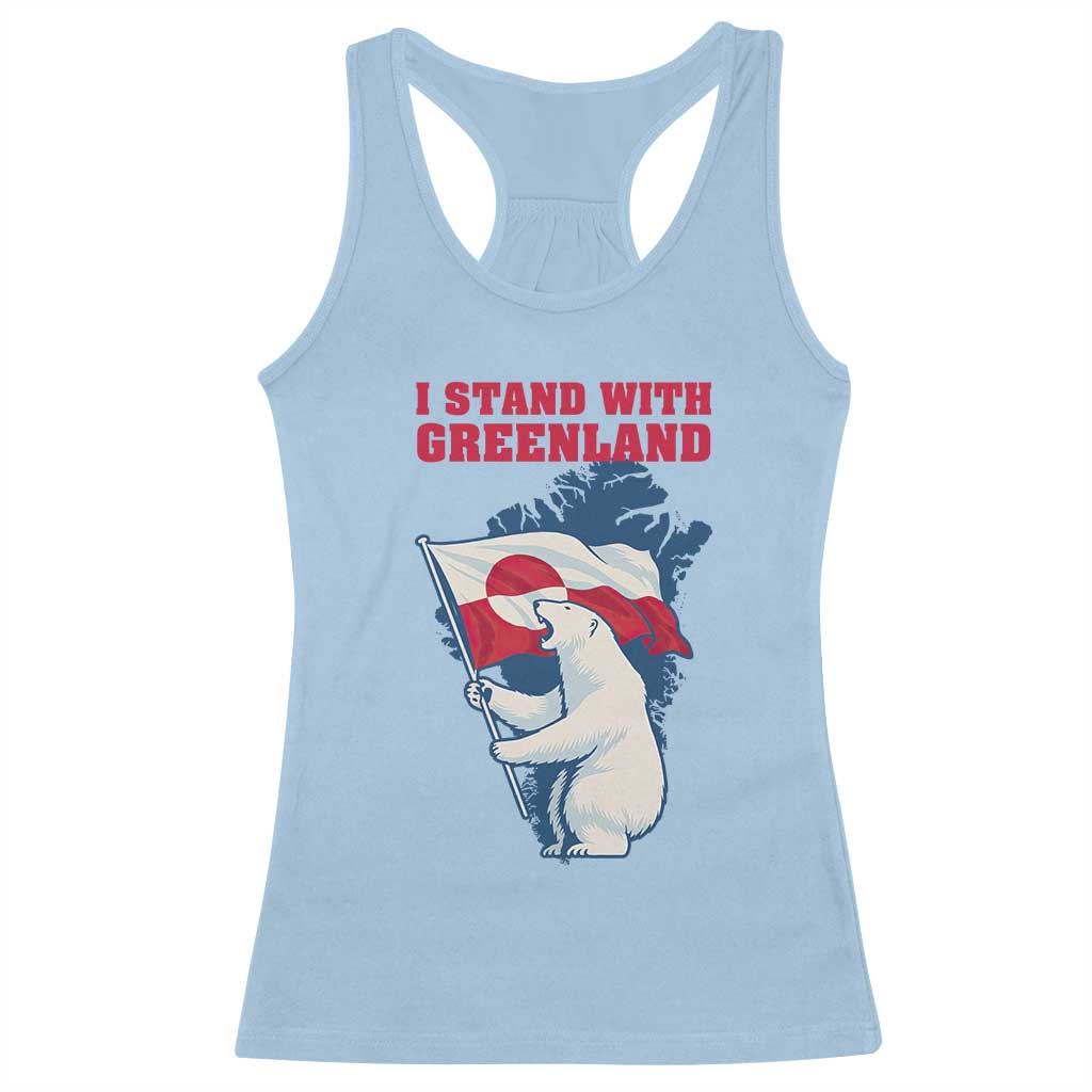 I Stand With Greenland Patriotic Racerback Tank Top Polar Bear Holding Flag Over Map