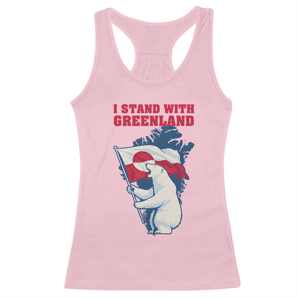 I Stand With Greenland Patriotic Racerback Tank Top Polar Bear Holding Flag Over Map