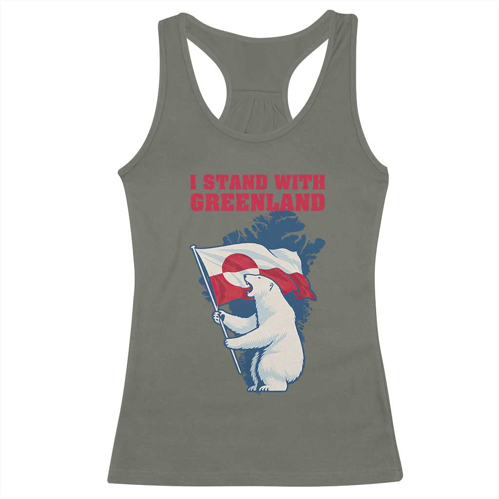 I Stand With Greenland Patriotic Racerback Tank Top Polar Bear Holding Flag Over Map