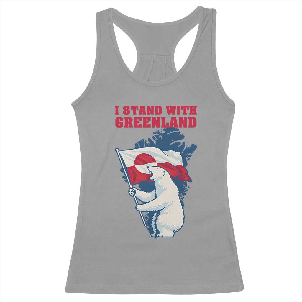 I Stand With Greenland Patriotic Racerback Tank Top Polar Bear Holding Flag Over Map
