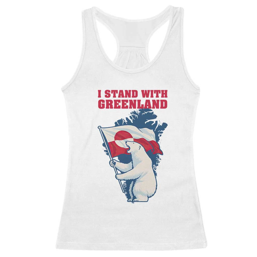 I Stand With Greenland Patriotic Racerback Tank Top Polar Bear Holding Flag Over Map