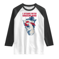 I Stand With Greenland Patriotic Raglan Shirt Polar Bear Holding Flag Over Map