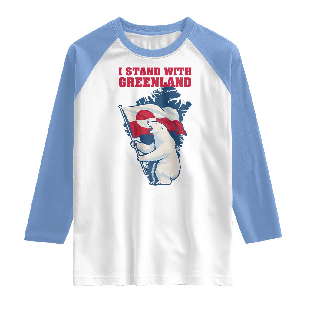I Stand With Greenland Patriotic Raglan Shirt Polar Bear Holding Flag Over Map