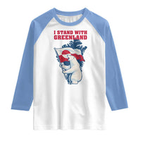 I Stand With Greenland Patriotic Raglan Shirt Polar Bear Holding Flag Over Map