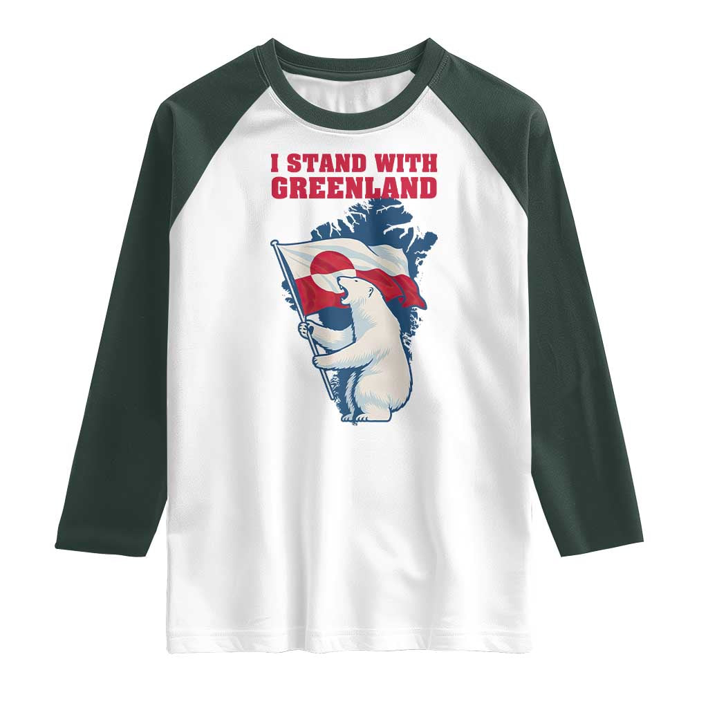 I Stand With Greenland Patriotic Raglan Shirt Polar Bear Holding Flag Over Map