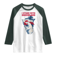 I Stand With Greenland Patriotic Raglan Shirt Polar Bear Holding Flag Over Map