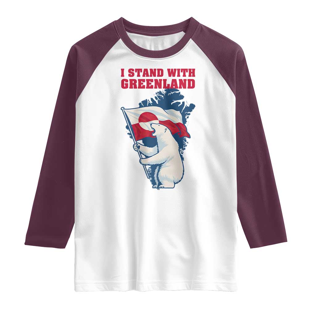 I Stand With Greenland Patriotic Raglan Shirt Polar Bear Holding Flag Over Map