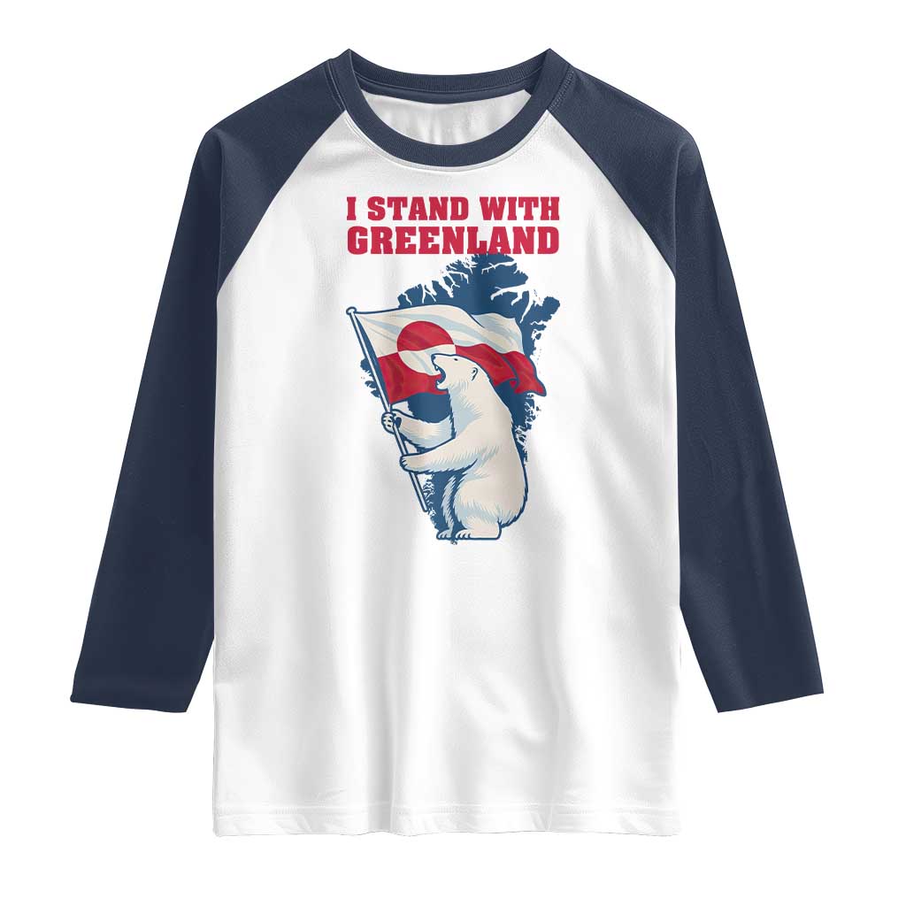 I Stand With Greenland Patriotic Raglan Shirt Polar Bear Holding Flag Over Map