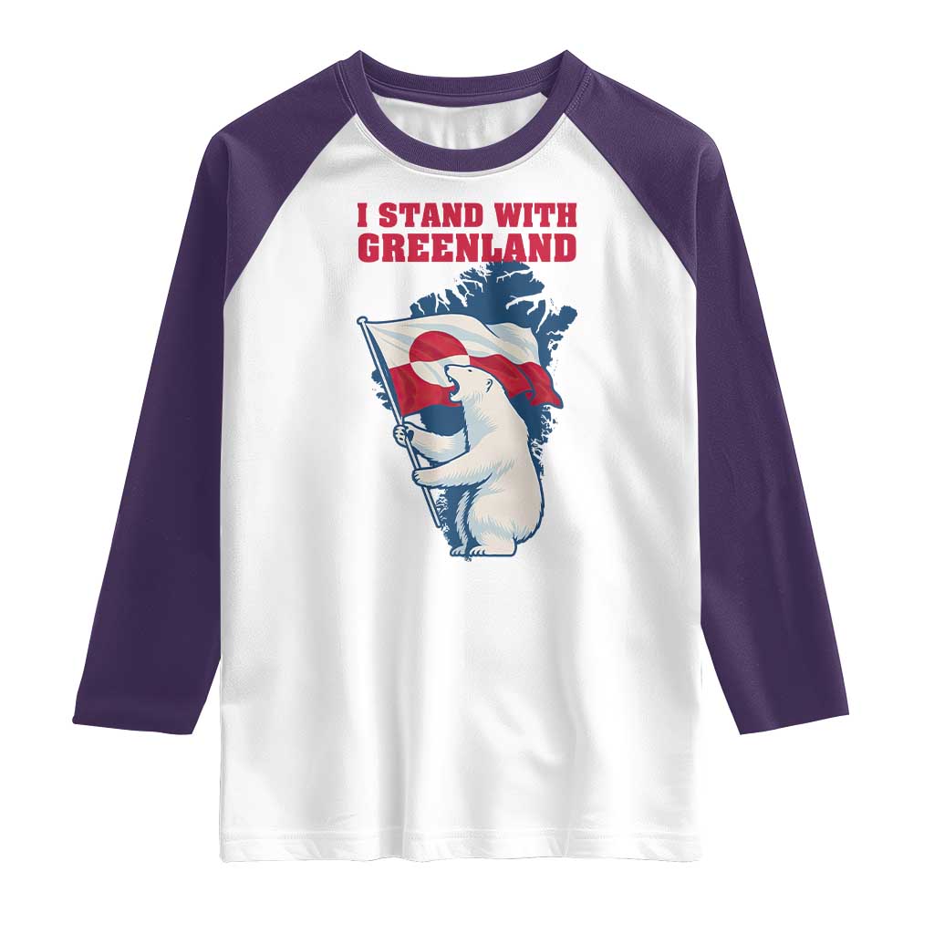I Stand With Greenland Patriotic Raglan Shirt Polar Bear Holding Flag Over Map