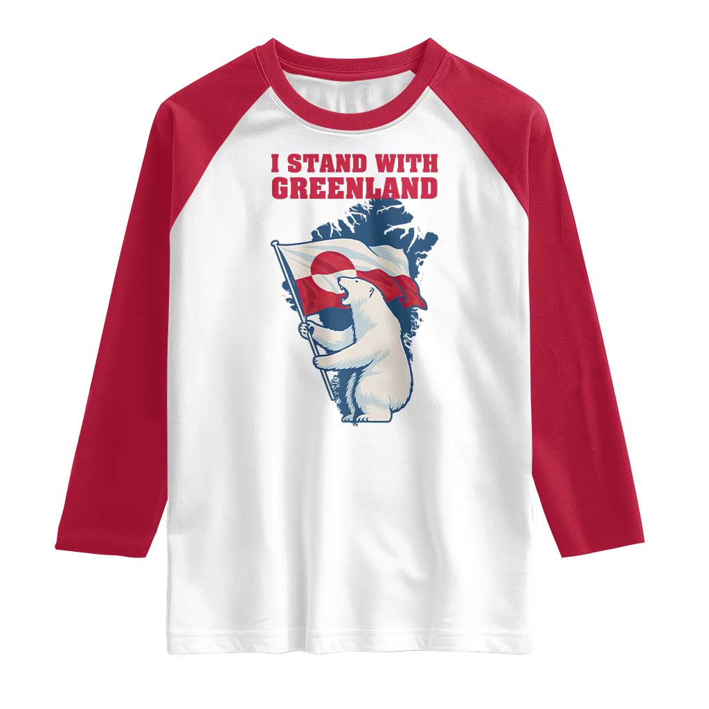 I Stand With Greenland Patriotic Raglan Shirt Polar Bear Holding Flag Over Map