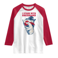 I Stand With Greenland Patriotic Raglan Shirt Polar Bear Holding Flag Over Map