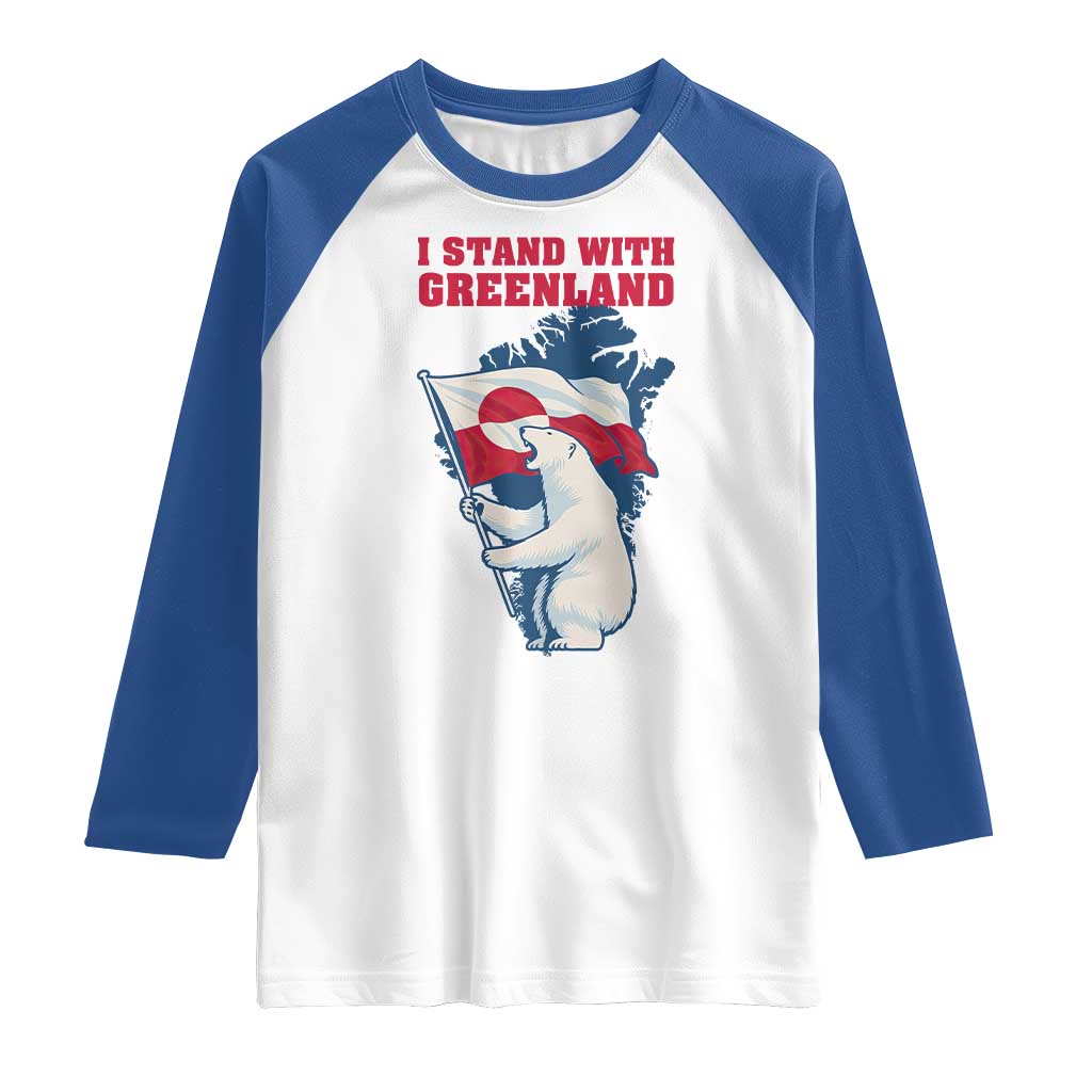 I Stand With Greenland Patriotic Raglan Shirt Polar Bear Holding Flag Over Map