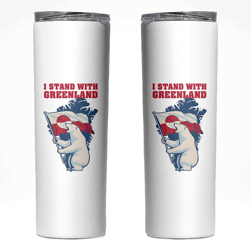I Stand With Greenland Patriotic Skinny Tumbler Polar Bear Holding Flag Over Map